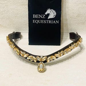 May include: A brown leather horse browband, curved and decorated with clear and amber crystals. A black bag with the text "BENZ EQUESTRIAN" and a horse head logo is in the background, suggesting a riding accessory.