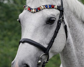 May include: A grey horse wearing a black bridle with a jewelled browband. The browband is decorated with red, blue, and clear gemstones. The horse's coat is a mix of grey and white, and the background is blurred green.