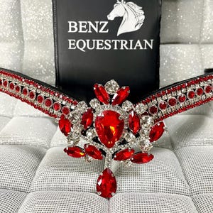 Puede incluir: Un frontal de equitación negro con detalles de cristal rojo y transparente. El frontal presenta un gran colgante central de joya roja y el texto "BENZ EQUESTRIAN". El frontal está diseñado para la equitación.