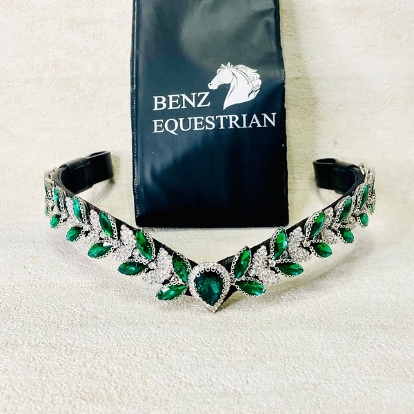 Emerald Green and Silver clear Drop crystal Mega Sparkly Blingy V Shape Browband cob Full & Xlarge Horse black leather for Dressage Bridle