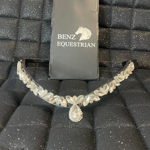 Puede incluir: Una frontalera ecuestre negra con detalles de cristal transparente. La frontalera presenta un cristal central en forma de lágrima y cristales en forma de hoja a lo largo de la banda. Se ve el nombre de la marca "BENZ EQUESTRIAN".