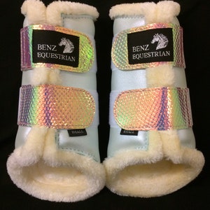 Patent Mermaid and gloss Sage Green brushing boots tendon protection dressage cream fleece fluff fur Xsmall small medium large xlarge horse