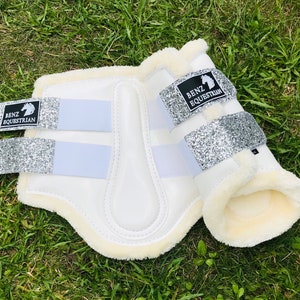 Silver glitter white patent brushing boots tendon protection dressage fleece fluff fur Xsmall small medium large xlarge