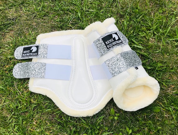 Silver glitter white patent brushing boots tendon protection dressage fleece fluff fur Xsmall small medium large xlarge