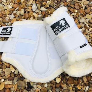 White brushing boots tendon protection dressage faux leather fleece fluff fur Xsmall small medium large xlarge