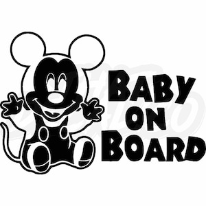 Calcomanías de vinilo con el texto "Baby Mickey On Board 2" para coche, furgoneta, camión, caravana, ventanas, parachoques, señal de advertencia.