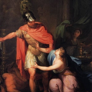 May include: A painting depicting a scene from Greek mythology. A man in armor and a red cloak stands with his arm around a woman in a blue and pink dress. The woman is reaching out to another woman in a white dress, who is holding a pitcher. The painting is set in a room with a dark background.