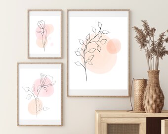 Bloemen print blush roze wall art set van 3 posters lijn tekening flower art instant download roze prints minimalistisch kunstwerk eenvoudige lijn kunst
