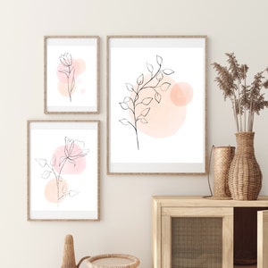 Floral Print Blush Pink Wall Art Set of 3 Posters Line Drawing Flower ...