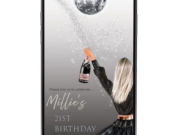 Personalise and Download Disco Ball 21st Birthday Invitation | Glittery Glam Mobile Evite