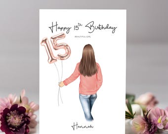 Afdrukbare gepersonaliseerde kaart 15e verjaardag tienermeisje - aangepaste hoodykleuren en haaropties beschikbaar