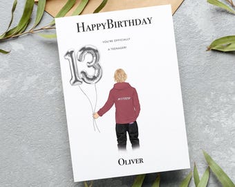 Teenage Boy's 13th Birthday Card with Customised Name and Options - Handcrafted Design
