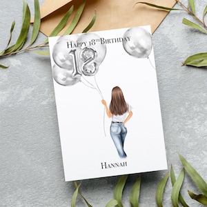 Carte d'anniversaire personnalisée 18e pour elle - coiffure et tenue personnalisées, carte souvenir petite-fille/fille jalon 18e