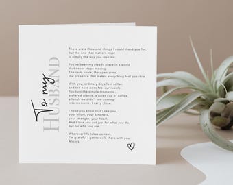 May include: A white greeting card with the text "To my Husband" in a script font. The card contains a poem about love and appreciation. A small heart icon is at the bottom right.