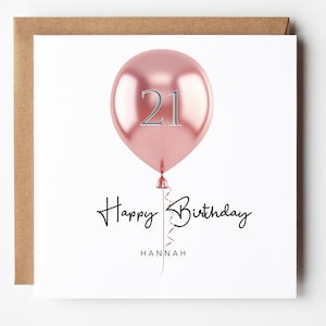 Biglietto di auguri per il 21° compleanno con palloncino rosa - Biglietto di auguri personalizzato