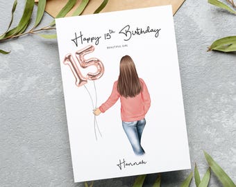 Personalised Teen Girl 15th Birthday Card - Custom Hoody Colours and Hair Options Available