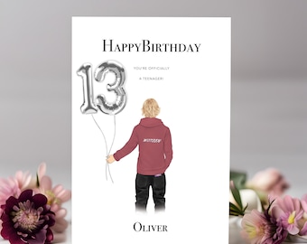 Printable Teenage Boy's 13th Birthday Card with Customised Name and Options - Handcrafted Design