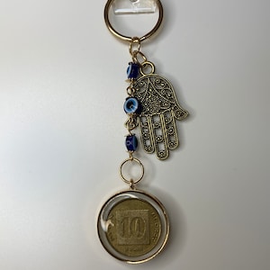 Shekel and hamsa keychain