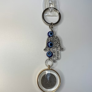 Shekel and hamsa keychain