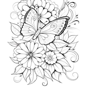 May include: A black and white line drawing of a butterfly with intricate details, surrounded by flowers and leaves.