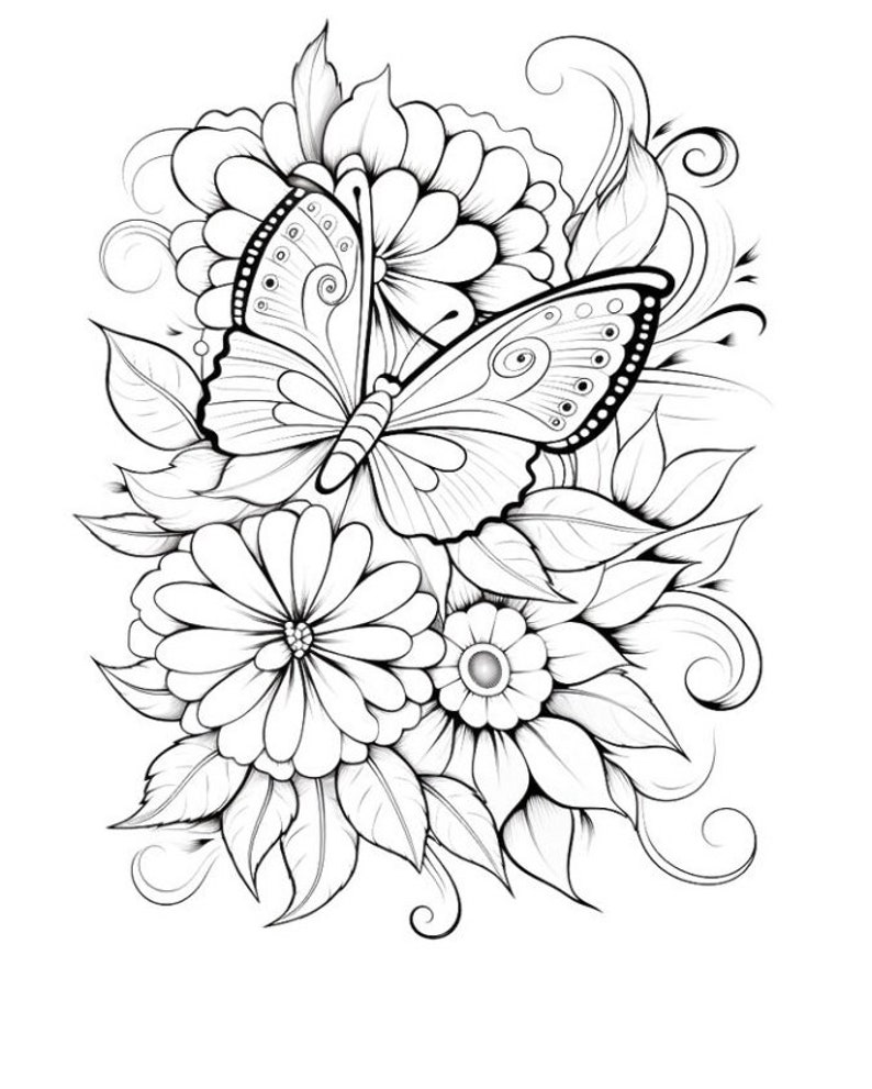 May include: A black and white line drawing of a butterfly with intricate details, surrounded by flowers and leaves.