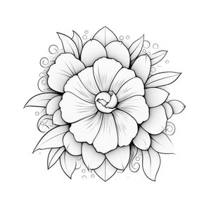 May include: A black and white line drawing of a flower with petals and leaves. The flower is in the center of the image and is surrounded by leaves.