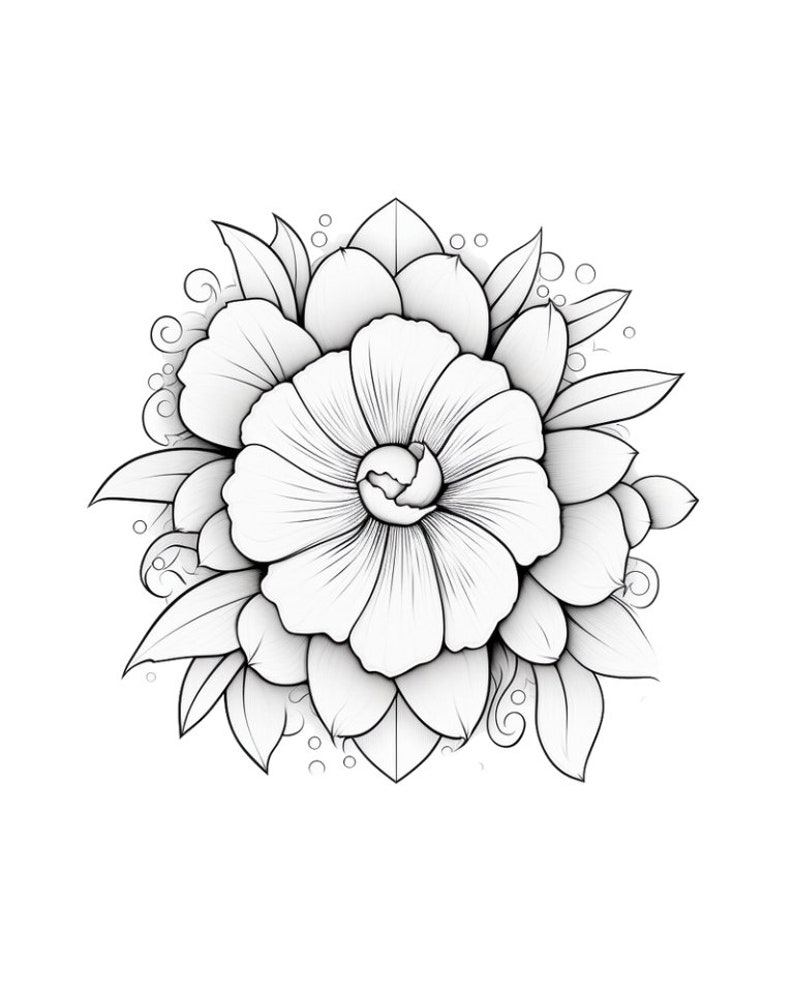 May include: A black and white line drawing of a flower with petals and leaves. The flower is in the center of the image and is surrounded by leaves.
