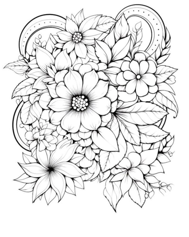May include: A black and white line drawing of a bouquet of flowers with intricate details. The flowers are arranged in a circular pattern and include various types of blooms, leaves, and stems.