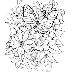 May include: A black and white line drawing of a butterfly with intricate wings surrounded by flowers. The butterfly is in the center of the image and the flowers are arranged around it.