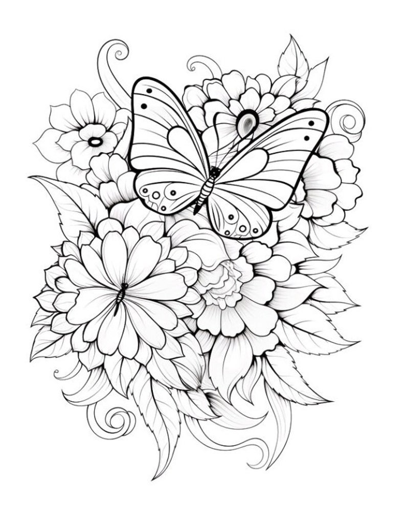 May include: A black and white line drawing of a butterfly with intricate wings surrounded by flowers. The butterfly is in the center of the image and the flowers are arranged around it.
