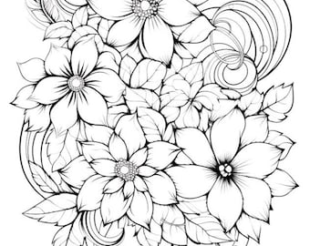 May include: A black and white line drawing of a bouquet of flowers with intricate details. The flowers are arranged in a cluster with leaves and swirls.