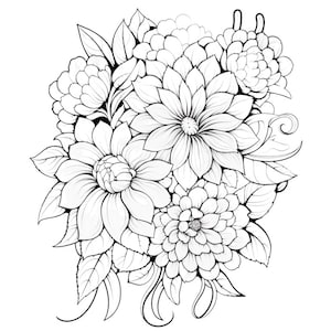 May include: A black and white line drawing of a bouquet of flowers. The flowers are arranged in a cluster and include various types of blooms, such as daisies and roses. The drawing is detailed and intricate, with delicate lines and shading.
