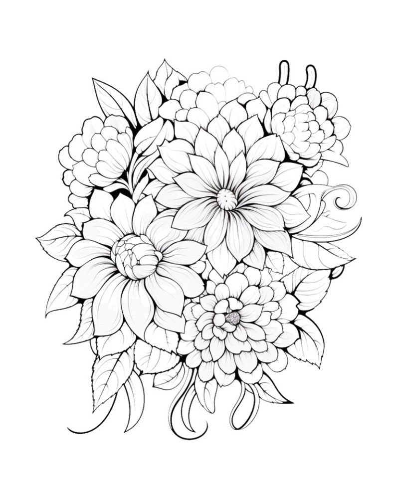 May include: A black and white line drawing of a bouquet of flowers. The flowers are arranged in a cluster and include various types of blooms, such as daisies and roses. The drawing is detailed and intricate, with delicate lines and shading.
