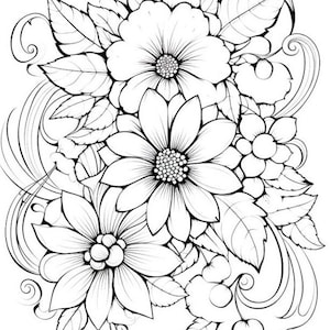 May include: A black and white line drawing of a bouquet of flowers with intricate details. The flowers are arranged in a cluster with leaves and swirls.