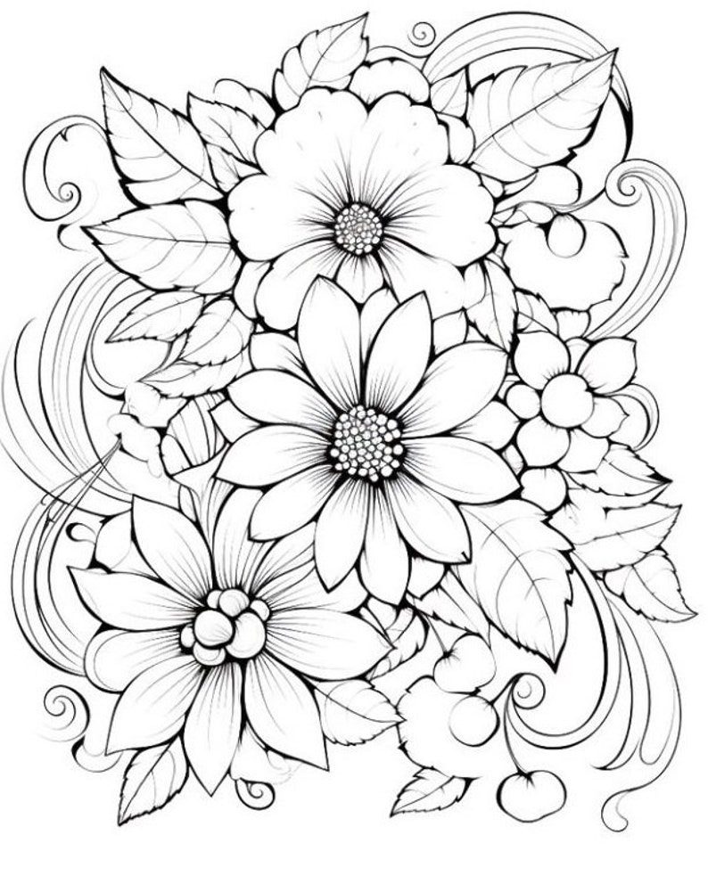 May include: A black and white line drawing of a bouquet of flowers with intricate details. The flowers are arranged in a cluster with leaves and swirls.