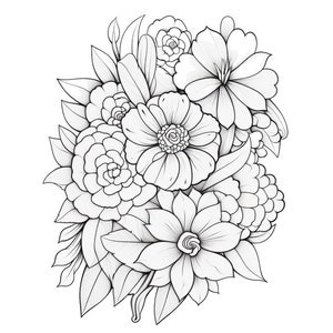 May include: A black and white line drawing of a bouquet of flowers. The flowers are arranged in a cluster and include various types of blooms, such as roses, lilies, and daisies. The drawing is detailed and intricate, with delicate lines and shading.