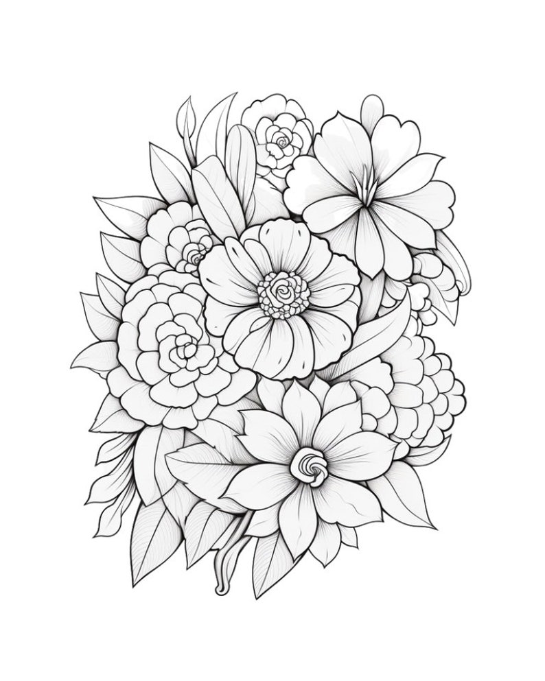 May include: A black and white line drawing of a bouquet of flowers. The flowers are arranged in a cluster and include various types of blooms, such as roses, lilies, and daisies. The drawing is detailed and intricate, with delicate lines and shading.