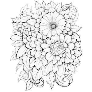 May include: A black and white line drawing of a bouquet of flowers with intricate details. The flowers are arranged in a cluster with leaves and stems.