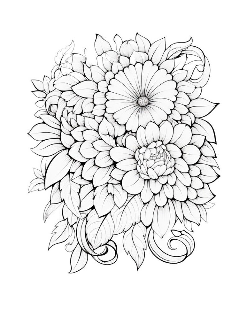 May include: A black and white line drawing of a bouquet of flowers with intricate details. The flowers are arranged in a cluster with leaves and stems.