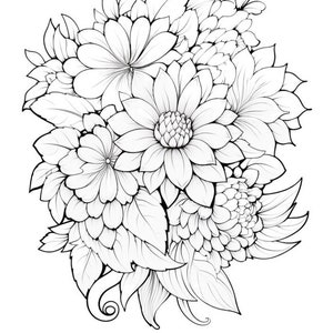 May include: A black and white line drawing of a bouquet of flowers. The flowers are drawn in a detailed and intricate style, with many petals and leaves. The bouquet is arranged in a loose and flowing manner, giving it a natural and organic feel.