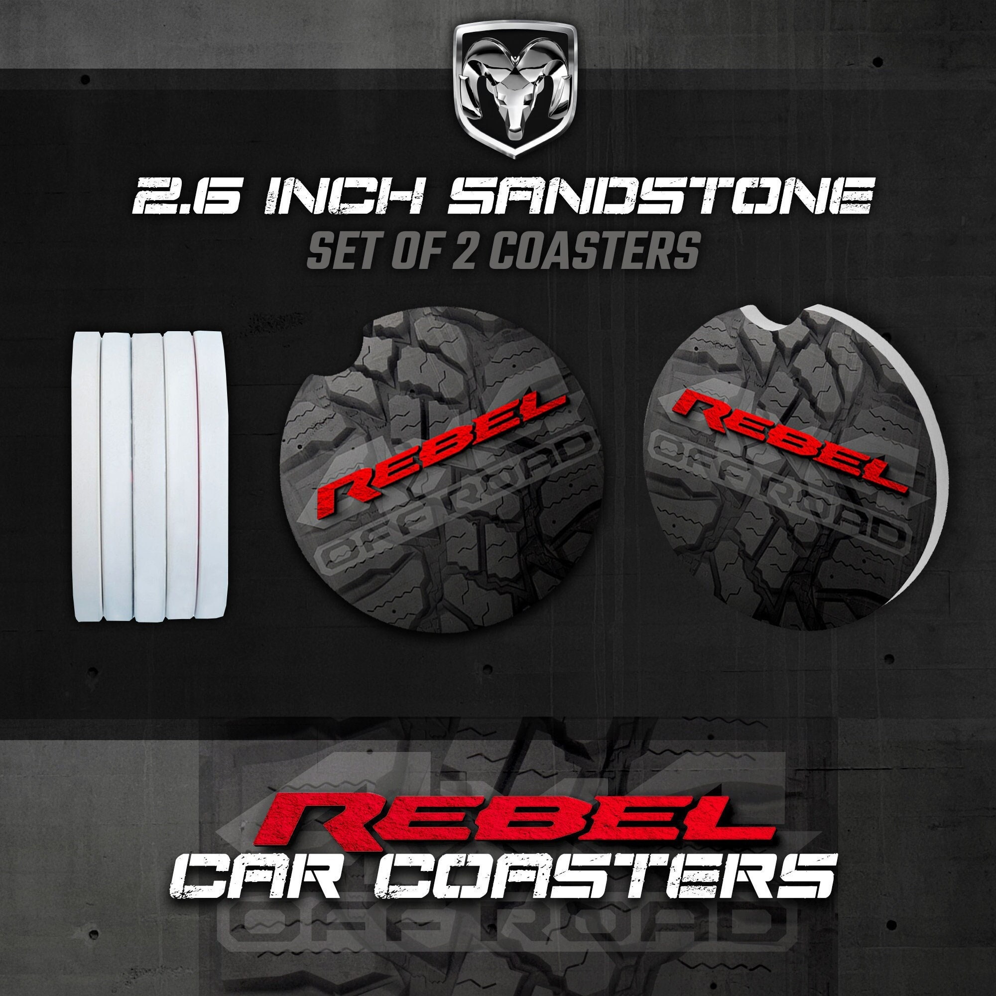 Ram Rebel Car Coasters, Ram Rebel Sandstone Car Coasters, Ram Rebel
