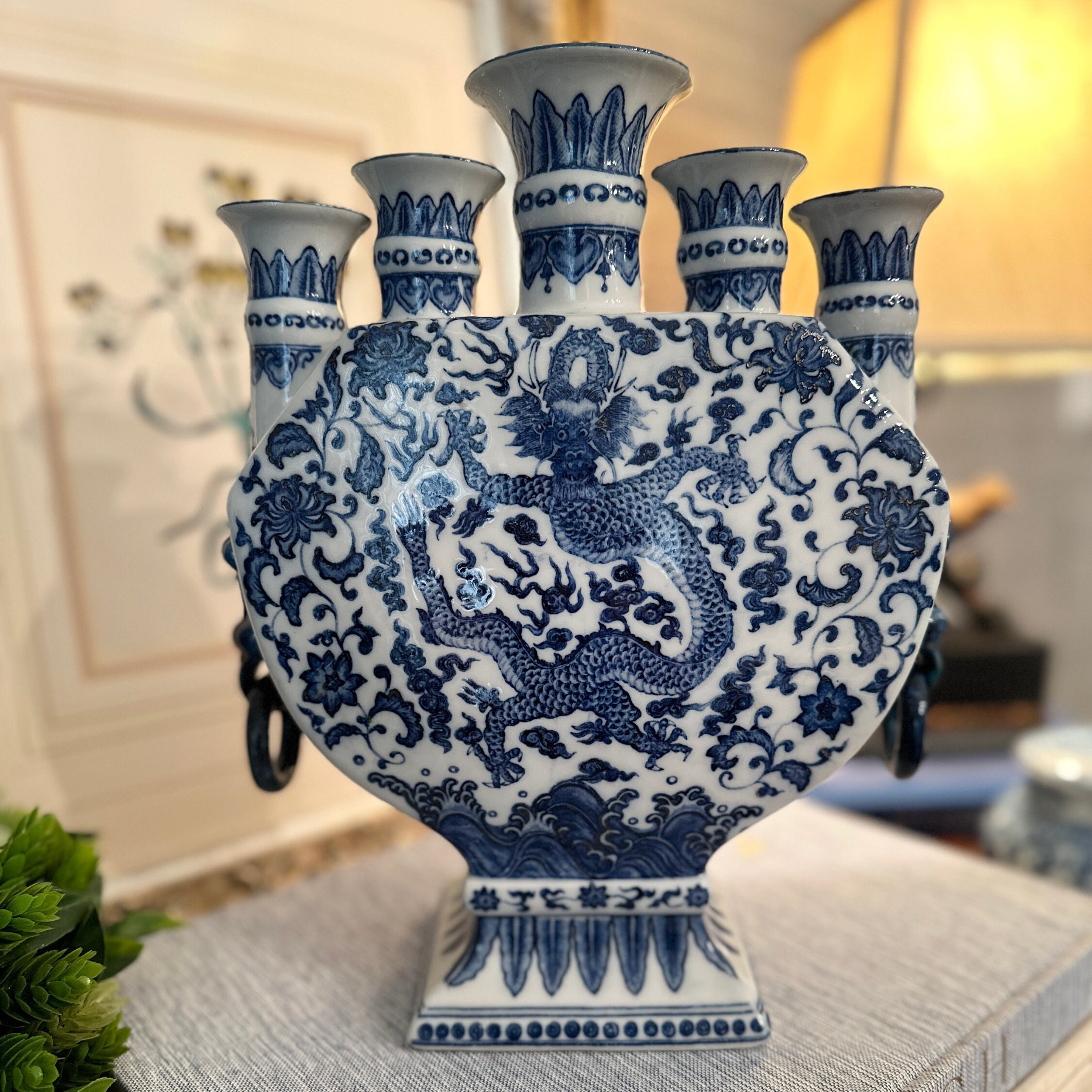 Chinese Blue White Dragon Bud Vase Tulipiere, Chinoiserie, Asian