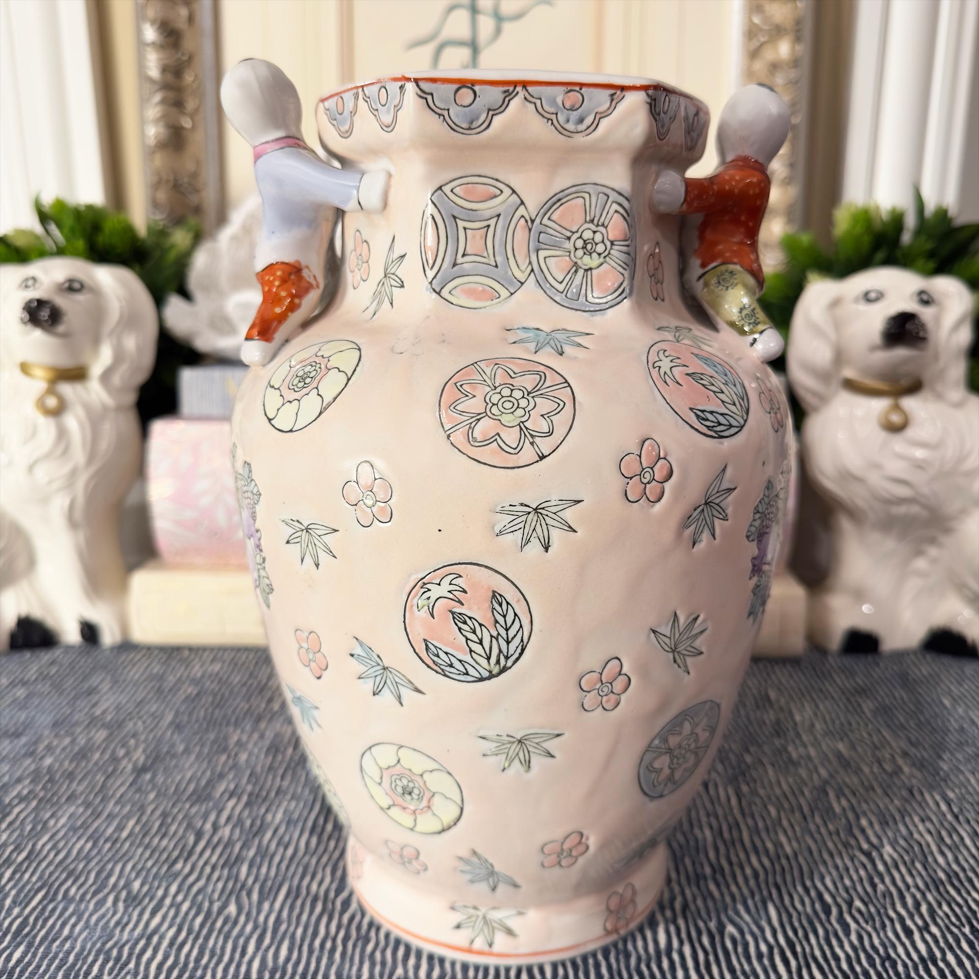 Vintage Chinese Fertility Vase Famille Rose Porcelain Climbing