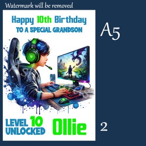 May include: A birthday card for a gamer featuring a cartoon illustration of a young person playing a video game on a computer. The card has the text "Happy 10th Birthday to a Special Grandson" and "Level 10 Unlocked Ollie".