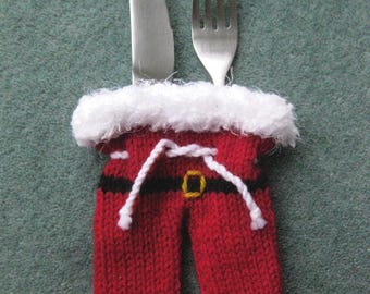 Handmade Knitted Santa Trousers Cutlery Cosies Father Christmas Festive Decoration Homeware Accessories Gift Tableware Cute Dinner
