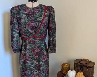 80s Dark Green and Red Floral Midi Dress w/ Faux Jacket by Act 1 Petites