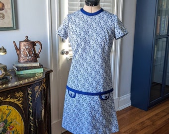 60s Handmade Blue and White Shift Dress with Faux Pockets