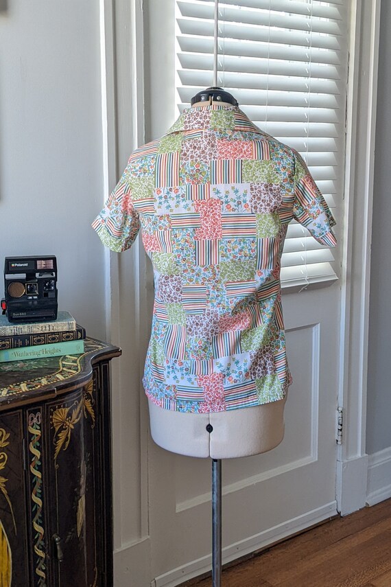80s Multicolor Floral Patchwork Button Down Short… - image 2