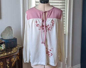 70s Pink and Cream Long Sleeve Elastic Bishop Style Cuffs with Floral Design