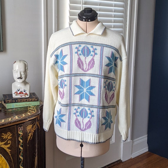 90s Cream Granny Sweater with Geometric Pattern - image 1